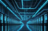 A cinematic, wide-angle view of a futuristic data center with towering server racks glowing with blue and cyan LED lights amidst industrial cooling pipes and high-tech cabling.