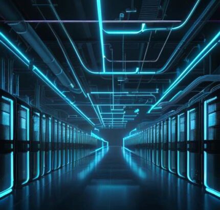 A cinematic, wide-angle view of a futuristic data center with towering server racks glowing with blue and cyan LED lights amidst industrial cooling pipes and high-tech cabling.