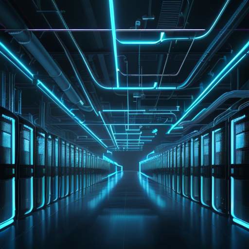 A cinematic, wide-angle view of a futuristic data center with towering server racks glowing with blue and cyan LED lights amidst industrial cooling pipes and high-tech cabling.