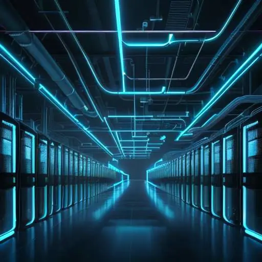 A cinematic, wide-angle view of a futuristic data center with towering server racks glowing with blue and cyan LED lights amidst industrial cooling pipes and high-tech cabling.