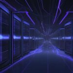 A cinematic wide shot of a futuristic data center featuring glowing blue and violet fiber optic cables weaving through massive server racks, symbolizing the vast scale of AI infrastructure.