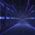 A cinematic wide shot of a futuristic data center featuring glowing blue and violet fiber optic cables weaving through massive server racks, symbolizing the vast scale of AI infrastructure.