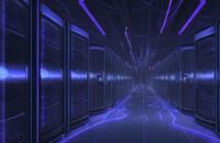 A cinematic wide shot of a futuristic data center featuring glowing blue and violet fiber optic cables weaving through massive server racks, symbolizing the vast scale of AI infrastructure.