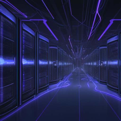 A cinematic wide shot of a futuristic data center featuring glowing blue and violet fiber optic cables weaving through massive server racks, symbolizing the vast scale of AI infrastructure.