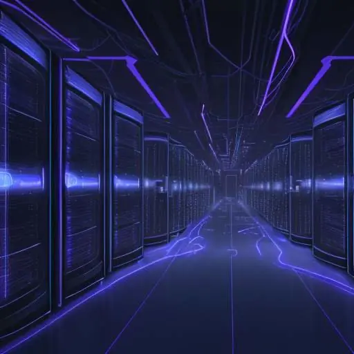 A cinematic wide shot of a futuristic data center featuring glowing blue and violet fiber optic cables weaving through massive server racks, symbolizing the vast scale of AI infrastructure.