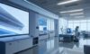 A cinematic wide shot of a futuristic research laboratory in Seoul, featuring sleek glass walls, advanced holographic displays, and high-tech computing nodes under soft blue and white lighting.