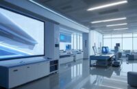 A cinematic wide shot of a futuristic research laboratory in Seoul, featuring sleek glass walls, advanced holographic displays, and high-tech computing nodes under soft blue and white lighting.