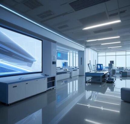 A cinematic wide shot of a futuristic research laboratory in Seoul, featuring sleek glass walls, advanced holographic displays, and high-tech computing nodes under soft blue and white lighting.