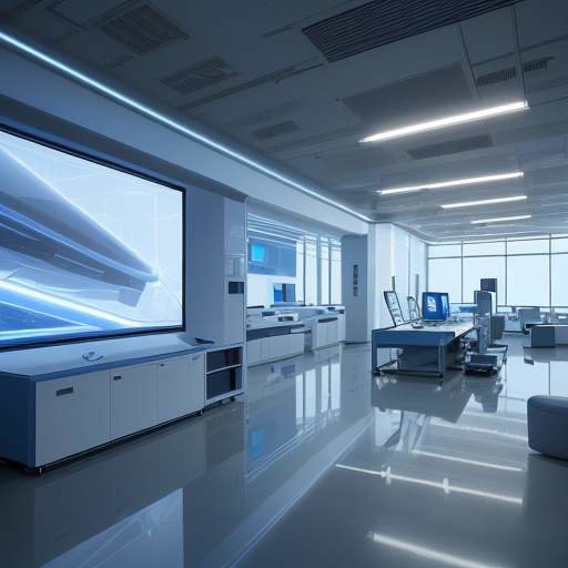 A cinematic wide shot of a futuristic research laboratory in Seoul, featuring sleek glass walls, advanced holographic displays, and high-tech computing nodes under soft blue and white lighting.