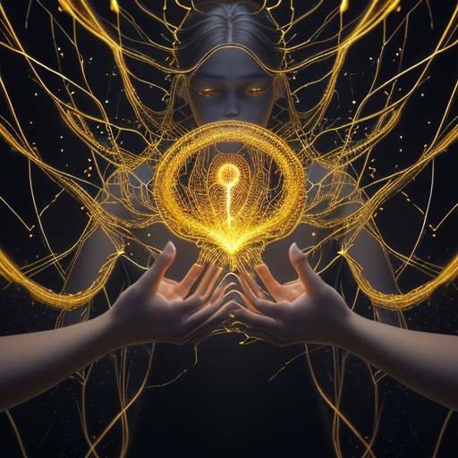 A conceptual digital art piece of a human brain formed from glowing golden threads and binary code, symbolizing the fusion of logic and narrative in artificial intelligence.