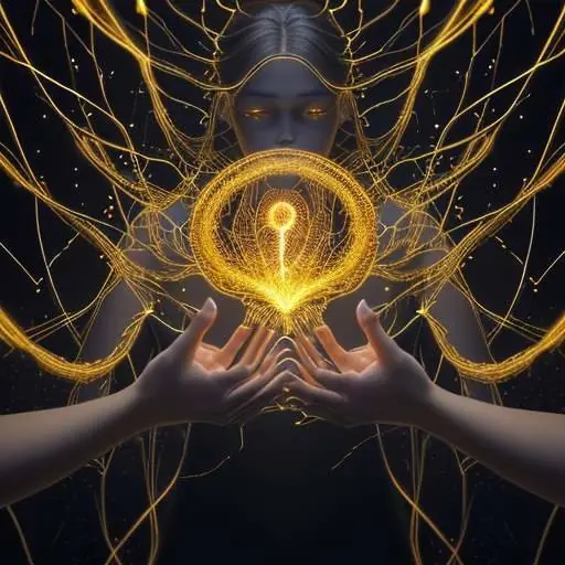 A conceptual digital art piece of a human brain formed from glowing golden threads and binary code, symbolizing the fusion of logic and narrative in artificial intelligence.