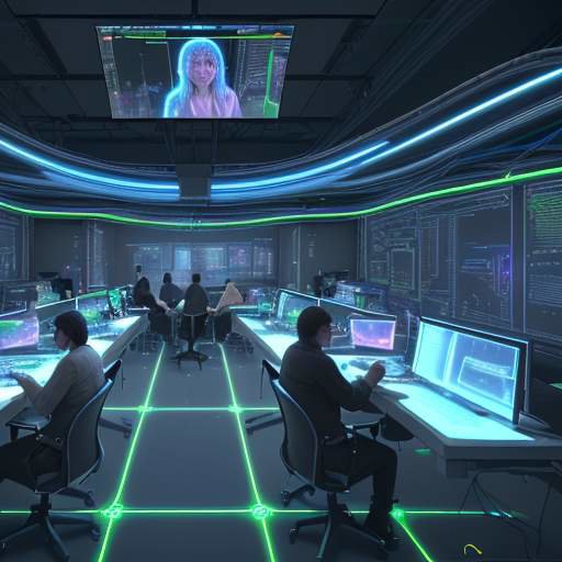 A diverse team of researchers and engineers collaborating in a high-tech lab, interacting with a glowing holographic neural network to represent the future of AI collaboration.