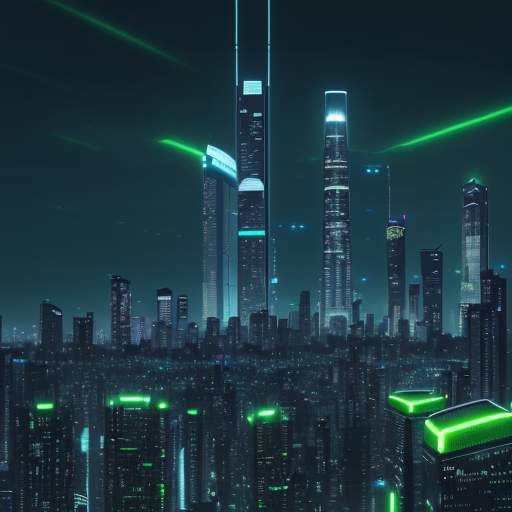 A futuristic city skyline at night featuring glowing green and blue lights, sleek skyscrapers, and modern energy towers integrated with lush greenery and high-speed transportation.