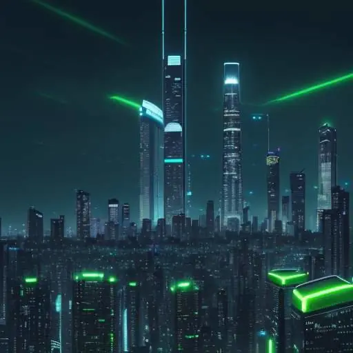 A futuristic city skyline at night featuring glowing green and blue lights, sleek skyscrapers, and modern energy towers integrated with lush greenery and high-speed transportation.