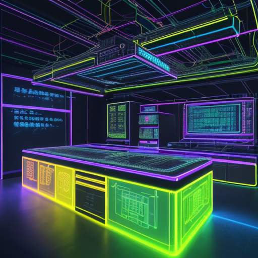 A futuristic laboratory with glowing fiber-optic cables, server racks, and holographic displays showing neural networks and code in English and Chinese characters under neon blue and gold lighting.