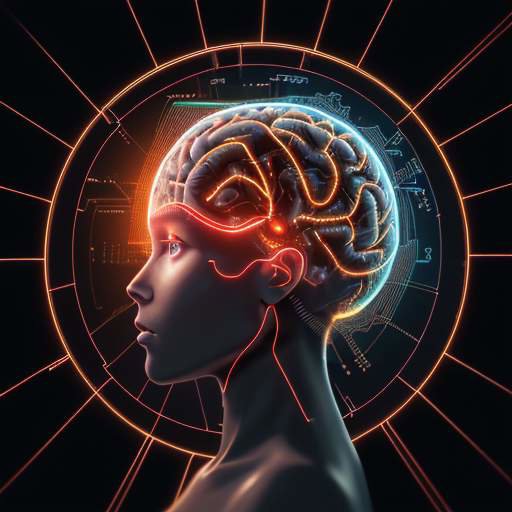 A futuristic silhouette of a human brain composed of glowing neural networks and golden circuitry, processing streams of data to identify red threat nodes.