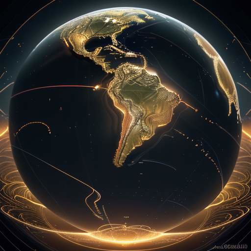A glowing holographic globe of Earth with golden data streams pulsing across continents in a high-tech command center, symbolizing global connectivity and technological integration.