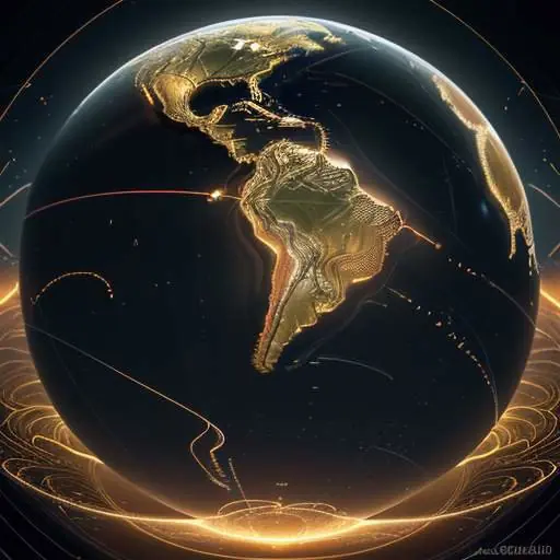 A glowing holographic globe of Earth with golden data streams pulsing across continents in a high-tech command center, symbolizing global connectivity and technological integration.