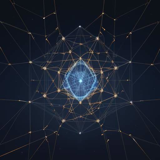A glowing, three-dimensional network of interconnected blue, gold, and white nodes forming a complex, organic structure resembling a high-tech neural map or cosmic web.