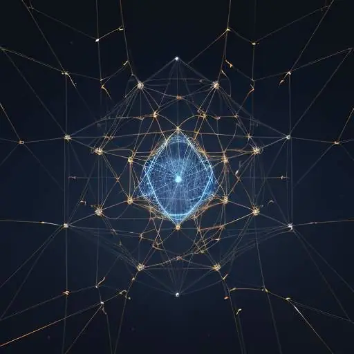 A glowing, three-dimensional network of interconnected blue, gold, and white nodes forming a complex, organic structure resembling a high-tech neural map or cosmic web.