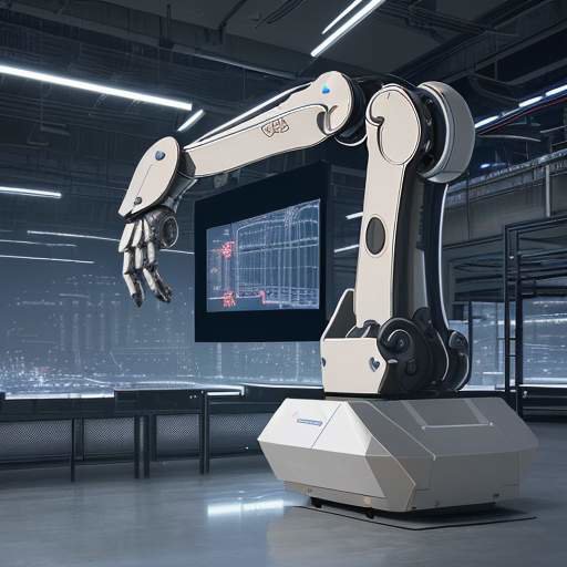 A high-tech industrial scene in South Korea featuring a robotic arm performing precise tasks alongside a holographic AI interface in a modern manufacturing facility.