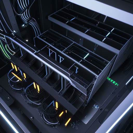 A macro photorealistic shot of a high-performance GPU cluster with glowing cooling fans and metallic circuitry in a modern data center, symbolizing powerful AI computing infrastructure.