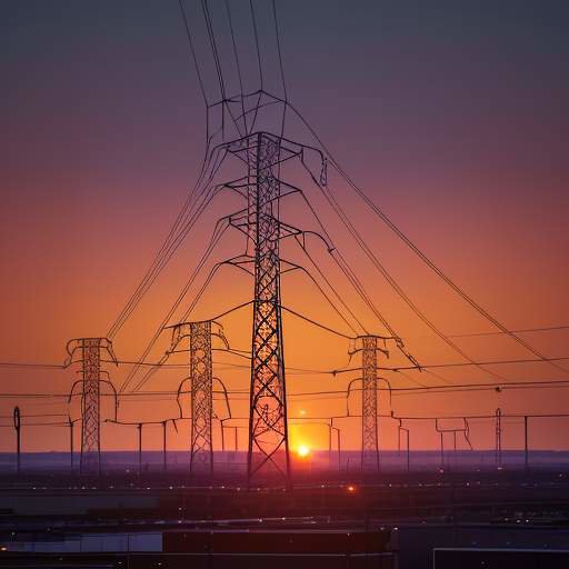 A wide, cinematic shot of a massive electrical power substation at dusk, featuring high-voltage towers and transformers silhouetted against a vibrant orange and purple sunset.