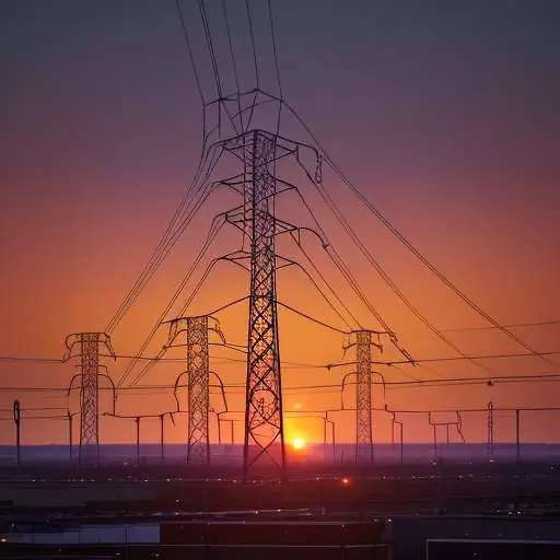 A wide, cinematic shot of a massive electrical power substation at dusk, featuring high-voltage towers and transformers silhouetted against a vibrant orange and purple sunset.