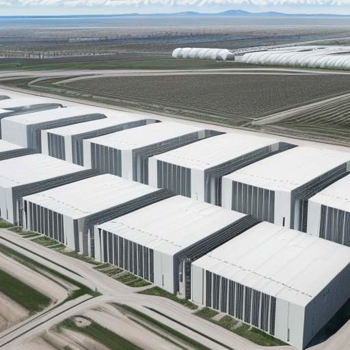 An aerial drone photograph of a massive, modern white data center complex with cooling towers situated in a vast, flat landscape.