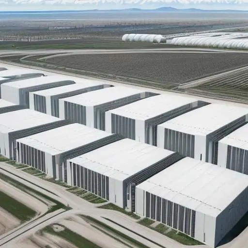An aerial drone photograph of a massive, modern white data center complex with cooling towers situated in a vast, flat landscape.