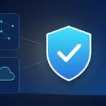 Illustration with a security shield, a network of nodes and a cloud