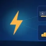 Illustration with a lightning bolt, a graphics card and stacks of coins