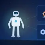 Illustration with a humanoid robot, an industrial robot arm and gears