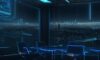 A cinematic boardroom overlooking a futuristic city at dusk, featuring a large holographic display of interconnected data nodes and glowing security shield icons.