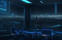 A cinematic boardroom overlooking a futuristic city at dusk, featuring a large holographic display of interconnected data nodes and glowing security shield icons.