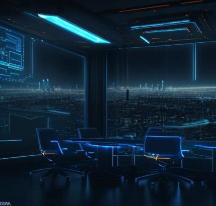 A cinematic boardroom overlooking a futuristic city at dusk, featuring a large holographic display of interconnected data nodes and glowing security shield icons.