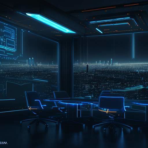A cinematic boardroom overlooking a futuristic city at dusk, featuring a large holographic display of interconnected data nodes and glowing security shield icons.