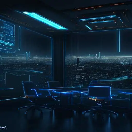 A cinematic boardroom overlooking a futuristic city at dusk, featuring a large holographic display of interconnected data nodes and glowing security shield icons.