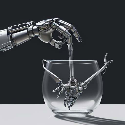 A cinematic close-up of a sophisticated robotic arm with a multi-fingered gripper delicately holding a translucent glass vase in a high-tech laboratory.