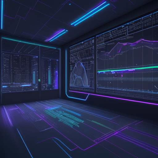 A cinematic night view of a modern data center with glowing fiber optic cables, overlaid with holographic growth charts and security shield icons in neon blue and purple.