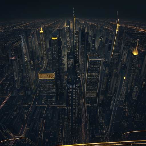 A cinematic, photorealistic night view of a sprawling metropolis with glowing golden lines and digital grid overlays representing a high-speed data network flowing through the city streets and skyscrapers.