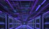 A cinematic, photorealistic shot of a massive futuristic data center with rows of server racks glowing in neon blue and purple lights, illustrating the scale of modern computing infrastructure.