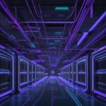 A cinematic, photorealistic shot of a massive futuristic data center with rows of server racks glowing in neon blue and purple lights, illustrating the scale of modern computing infrastructure.
