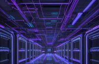 A cinematic, photorealistic shot of a massive futuristic data center with rows of server racks glowing in neon blue and purple lights, illustrating the scale of modern computing infrastructure.