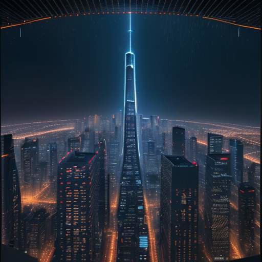 A cinematic wide shot of a futuristic city at night, where glowing skyscrapers are linked by a complex web of light trails, symbolizing a vast and interconnected global digital network.