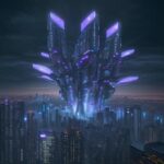 A cinematic, wide shot of a futuristic metropolis at twilight with glowing data streams flowing from a digital cloud in the sky down to connected city infrastructure.