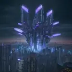 A cinematic, wide shot of a futuristic metropolis at twilight with glowing data streams flowing from a digital cloud in the sky down to connected city infrastructure.