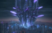 A cinematic, wide shot of a futuristic metropolis at twilight with glowing data streams flowing from a digital cloud in the sky down to connected city infrastructure.