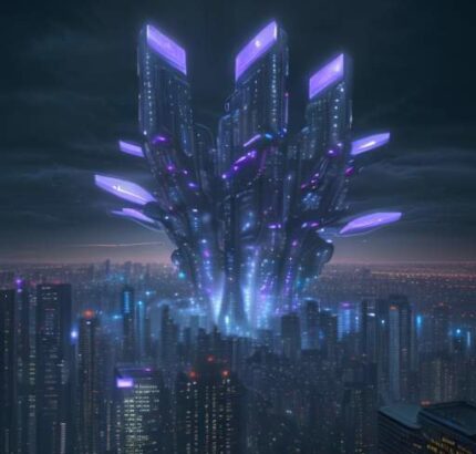 A cinematic, wide shot of a futuristic metropolis at twilight with glowing data streams flowing from a digital cloud in the sky down to connected city infrastructure.