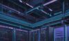 A futuristic data center at twilight with rows of server racks glowing in neon blue and amber, featuring large cooling fans and a high-tech industrial aesthetic.